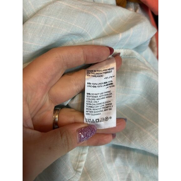 Chico's Turquoise NO Iron Striped LINEN Sleeveless Blouse Sz 3 (L) Buttons - Picture 8 of 8